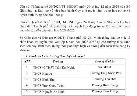 Thông báo số 4400/TB-SGDĐT về việc tuyển sinh lớp 6 năm học 2026-2027 của Trường THCS và THPT Trần Đại Nghĩa và các trường THCS có tổ chức khảo sát đầu vào.